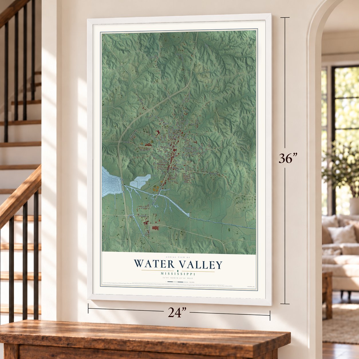 Water Valley, Mississippi map, 24 x 36 inch print in a white frame by a staircase