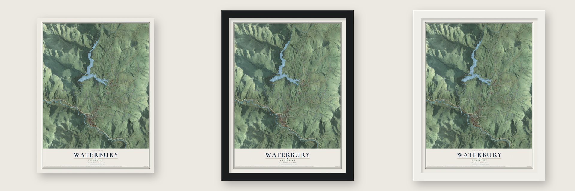 Waterbury, Vermont map unframed, in a black wood frame and in a white wood frame