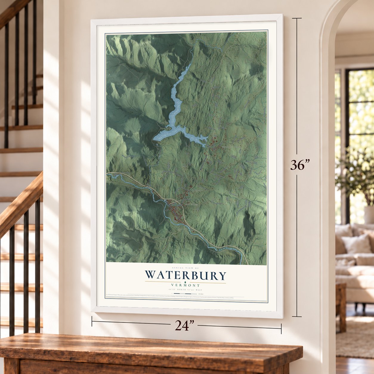 Waterbury, Vermont map, 24 x 36 inch print in a white frame by a staircase