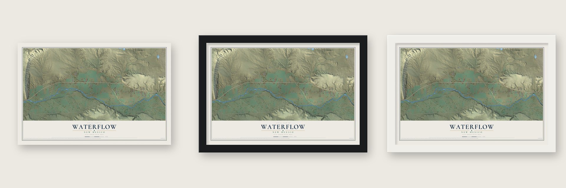 Waterflow, New Mexico map unframed, in a black wood frame and in a white wood frame
