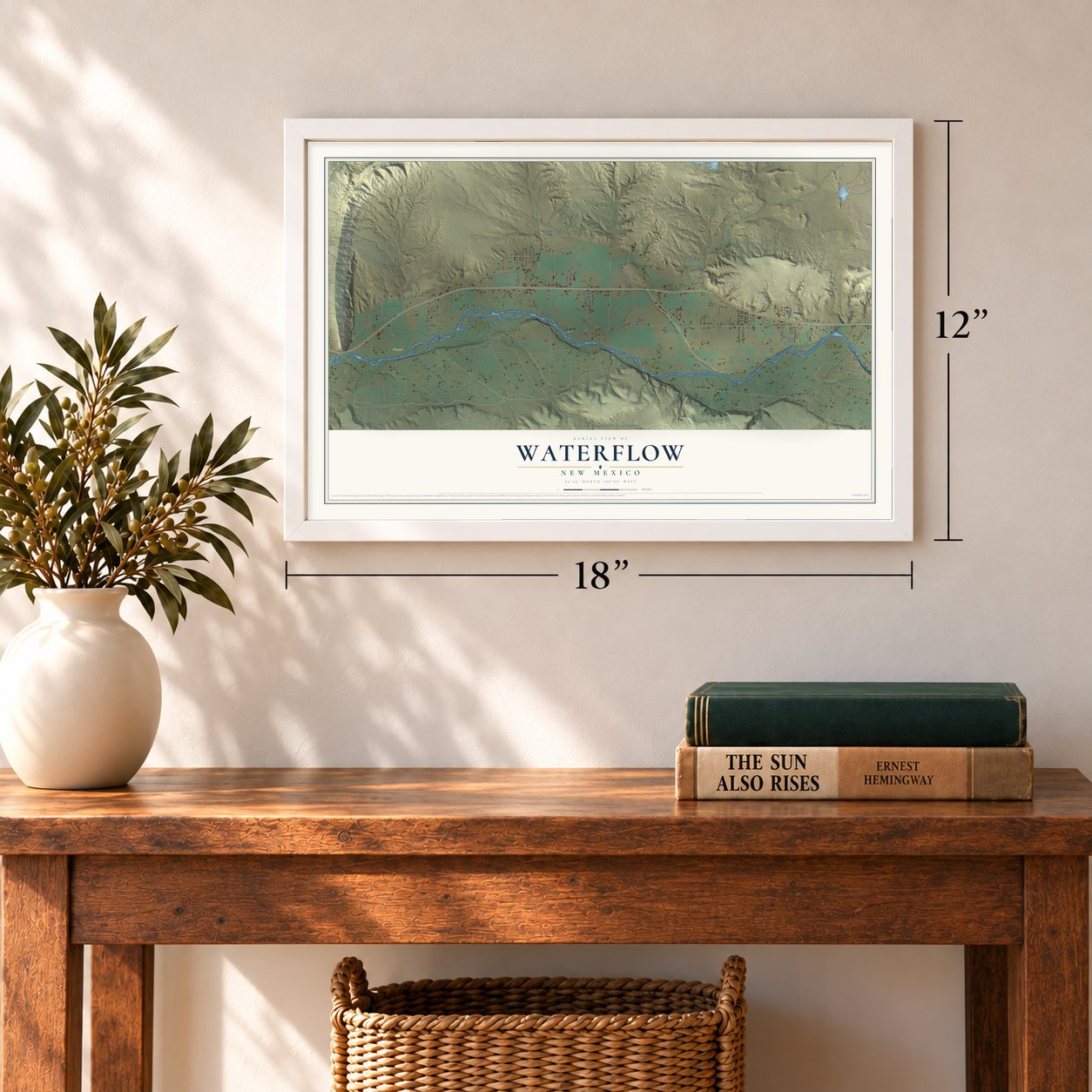 Waterflow, New Mexico map, 12 x 18 inch print in a white frame in an entryway