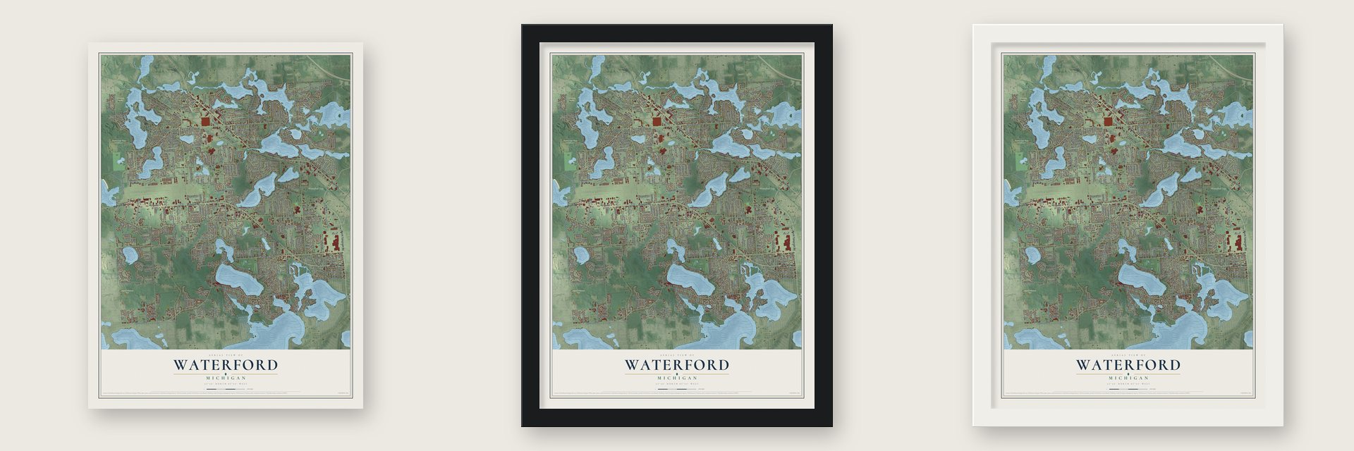 Waterford, Michigan map unframed, in a black wood frame and in a white wood frame