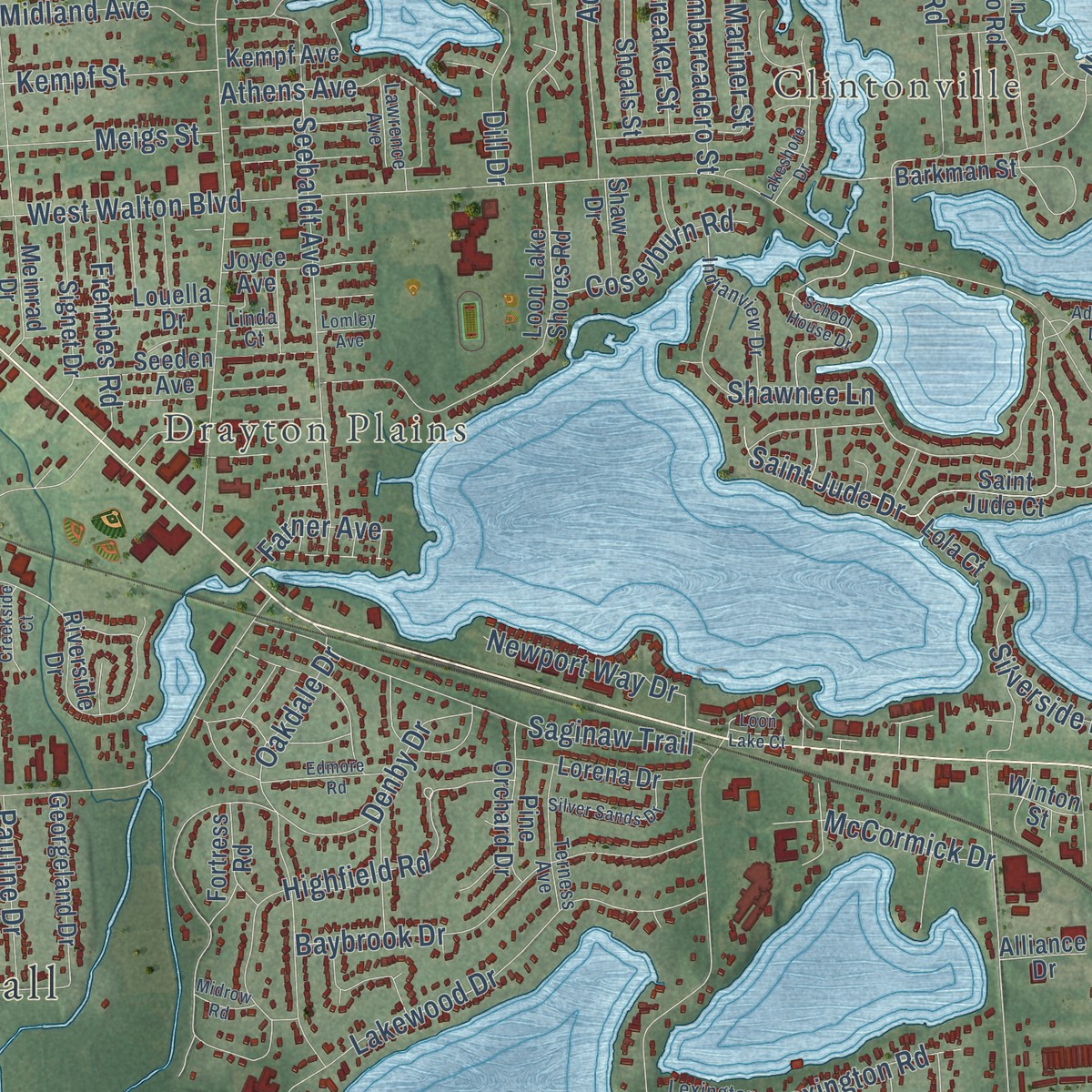 Second close-up of the map of Waterford, Michigan print showing more streets and buildings