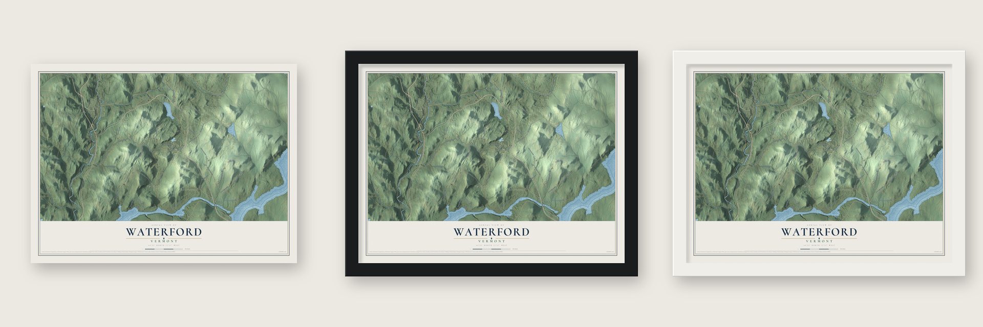 Waterford, Vermont map unframed, in a black wood frame and in a white wood frame