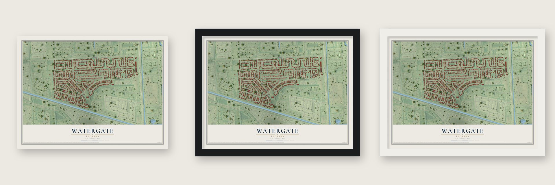 Watergate, Florida map unframed, in a black wood frame and in a white wood frame