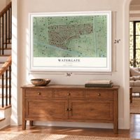 Watergate, Florida map, 24 x 36 inch print in a white frame above a dresser by a staircase