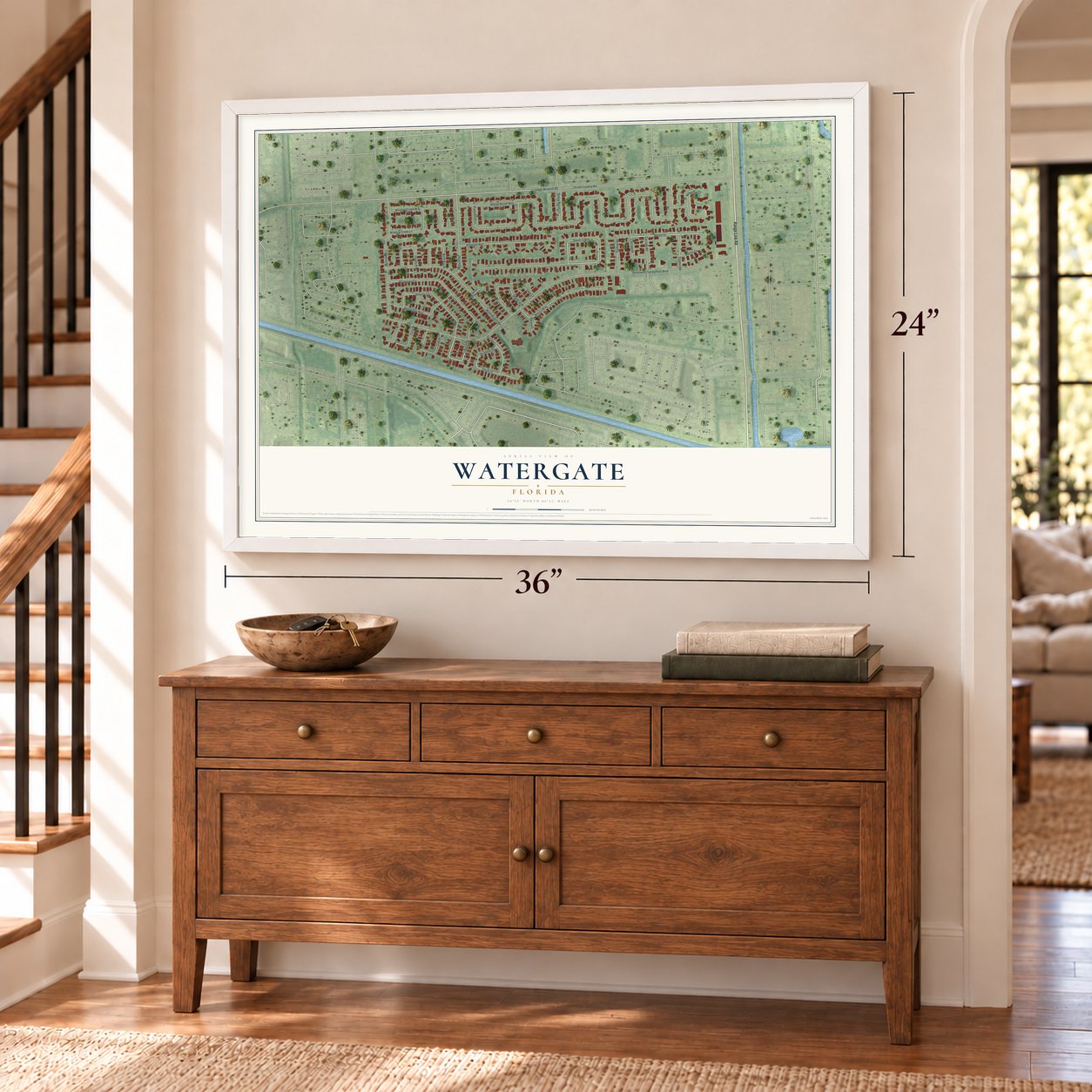 Watergate, Florida map, 24 x 36 inch print in a white frame above a dresser by a staircase