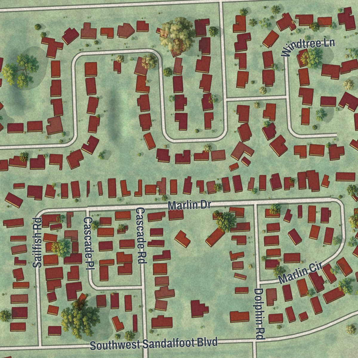 Second close-up of the map of Watergate, Florida print showing more streets and buildings