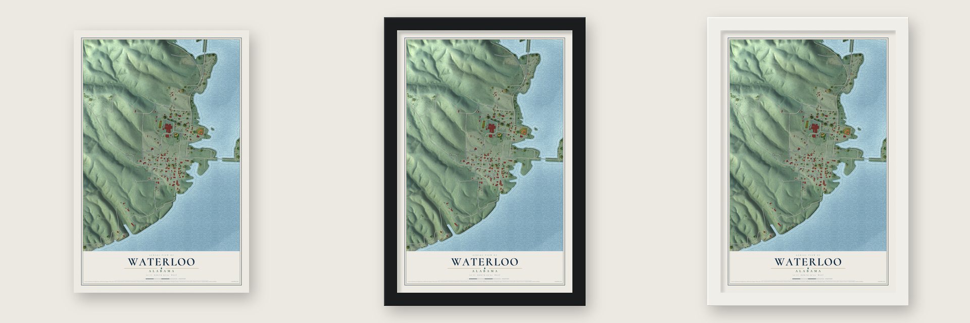 Waterloo, Alabama map unframed, in a black wood frame and in a white wood frame