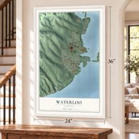 Waterloo, Alabama map, 24 x 36 inch print in a white frame by a staircase