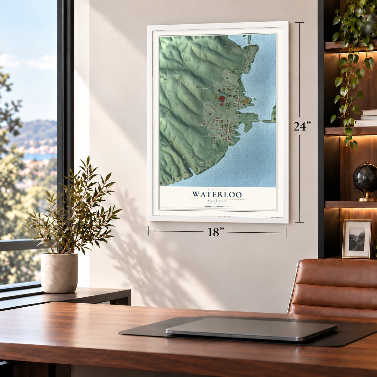 Waterloo, Alabama map, 18 x 24 inch print in a white frame in a home office