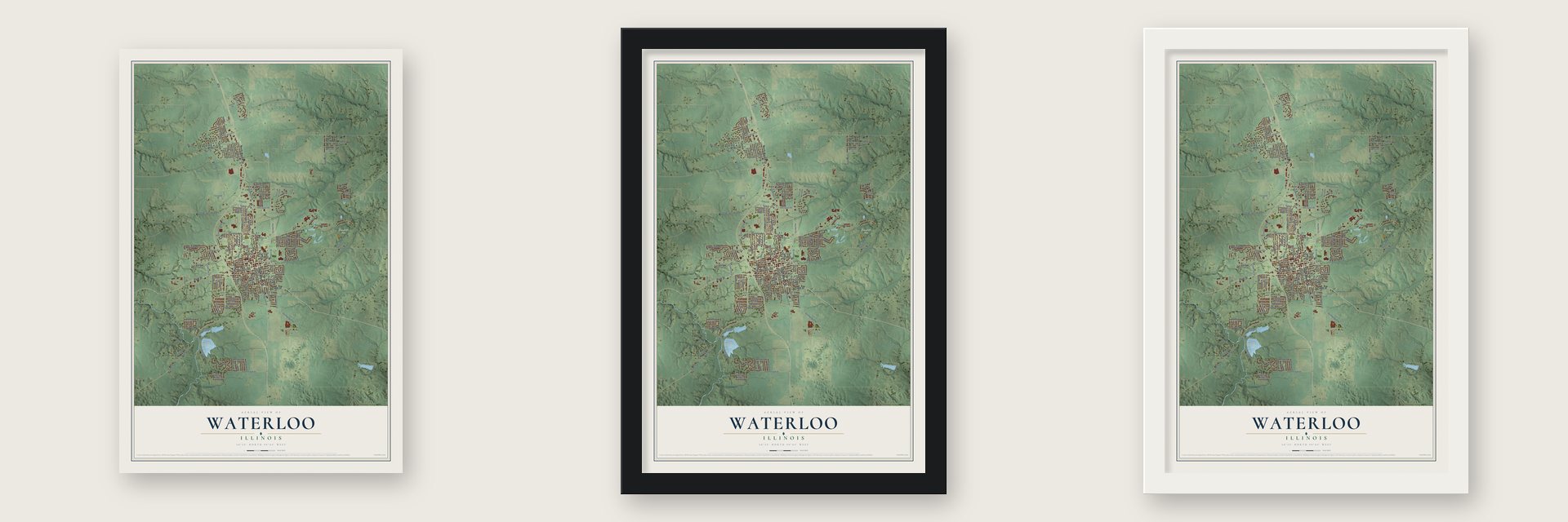 Waterloo, Illinois map unframed, in a black wood frame and in a white wood frame