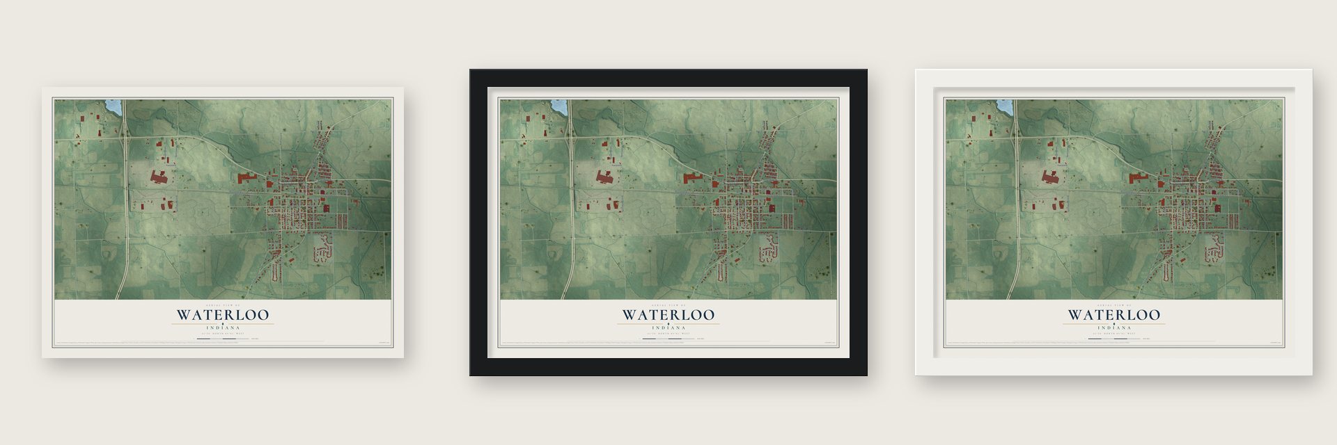 Waterloo, Indiana map unframed, in a black wood frame and in a white wood frame
