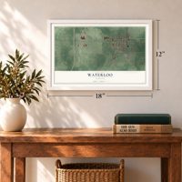 Waterloo, Indiana map, 12 x 18 inch print in a white frame in an entryway