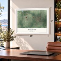Waterloo, Indiana map, 18 x 24 inch print in a white frame in a home office