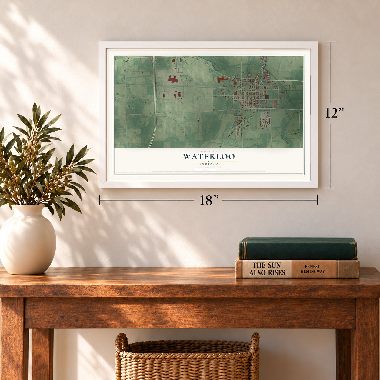 Waterloo, Indiana map, 12 x 18 inch print in a white frame in an entryway