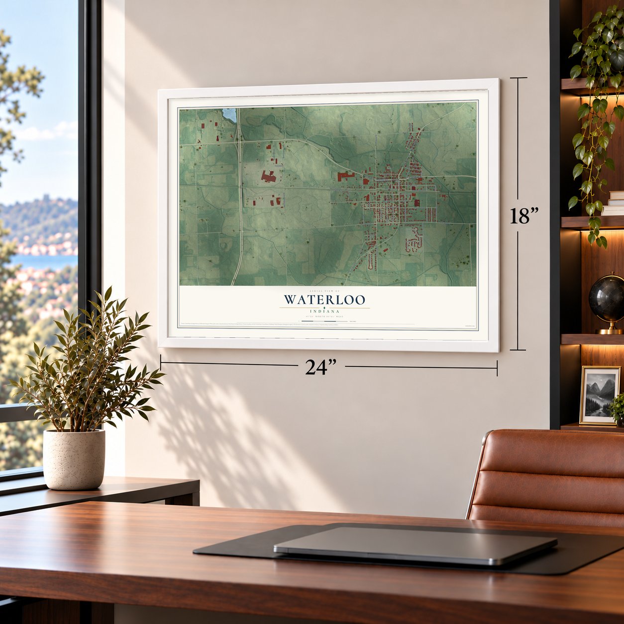 Waterloo, Indiana map, 18 x 24 inch print in a white frame in a home office