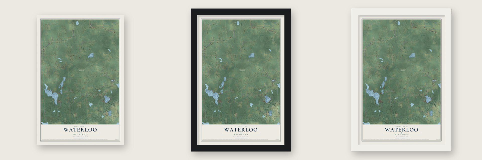 Waterloo, Michigan map unframed, in a black wood frame and in a white wood frame