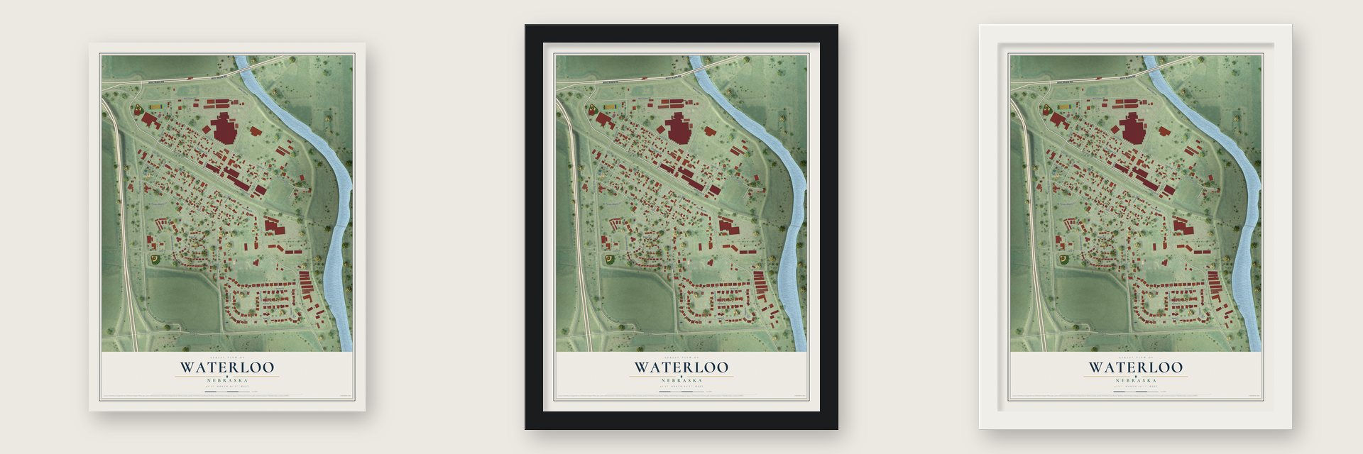 Waterloo, Nebraska map unframed, in a black wood frame and in a white wood frame