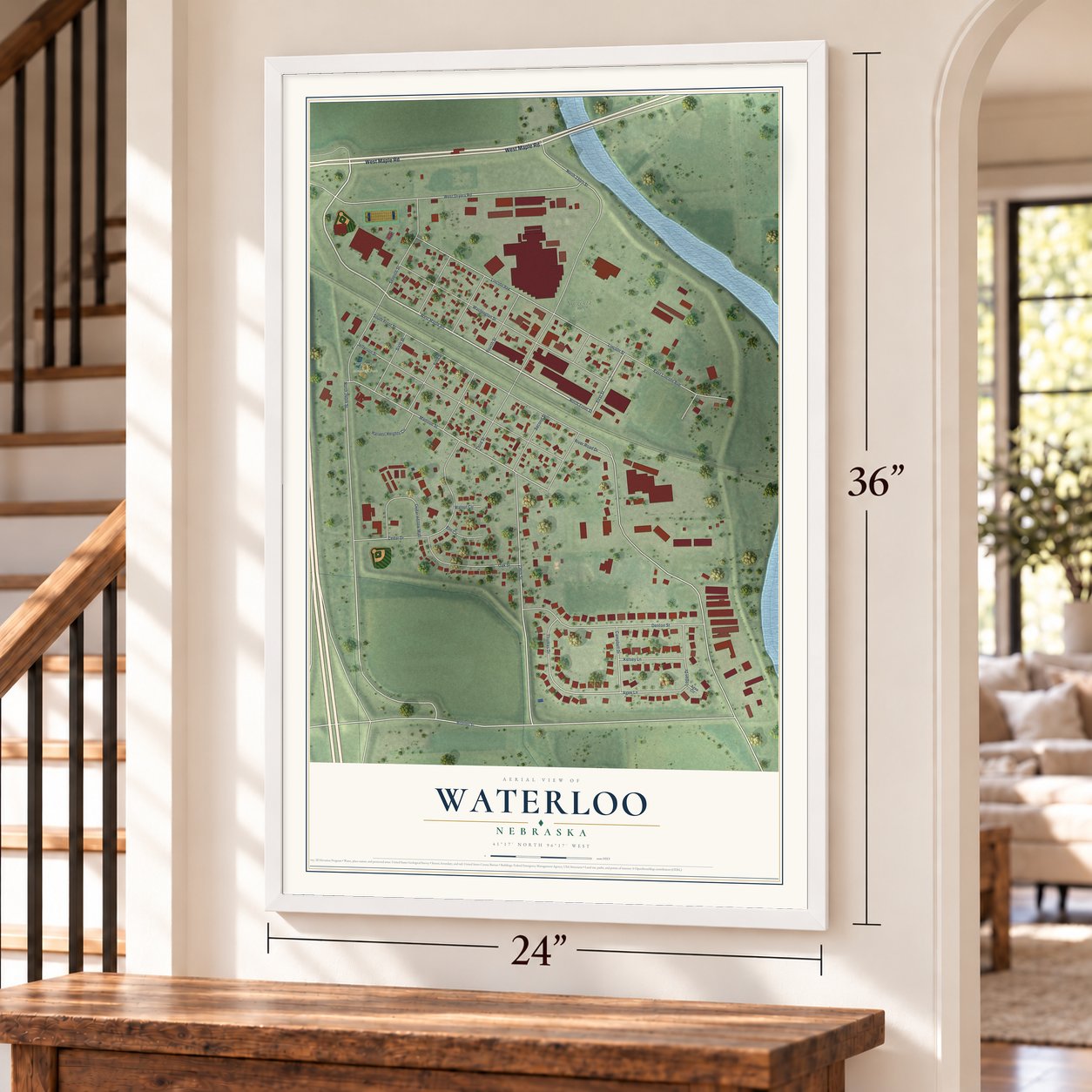 Waterloo, Nebraska map, 24 x 36 inch print in a white frame by a staircase