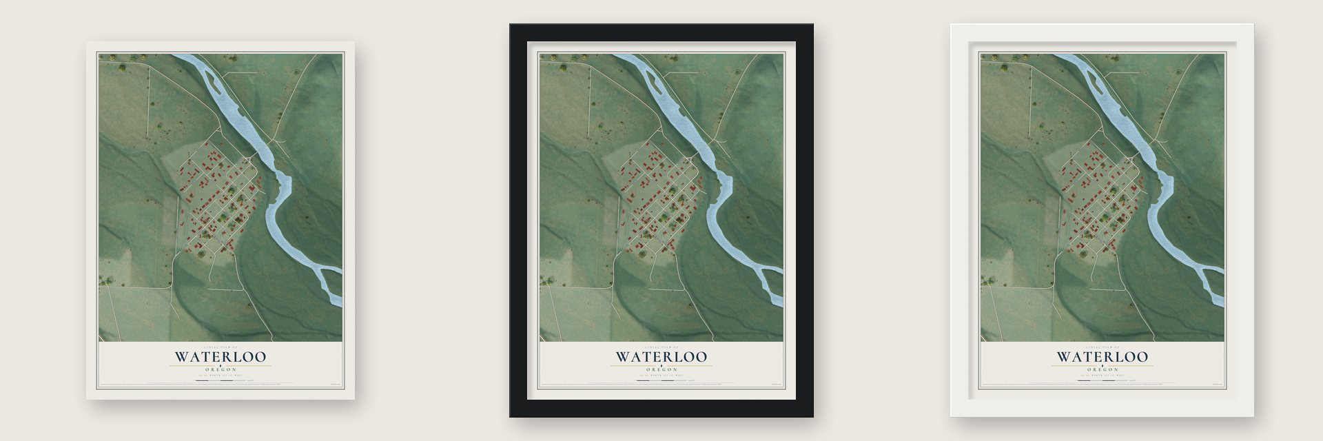 Waterloo, Oregon map unframed, in a black wood frame and in a white wood frame