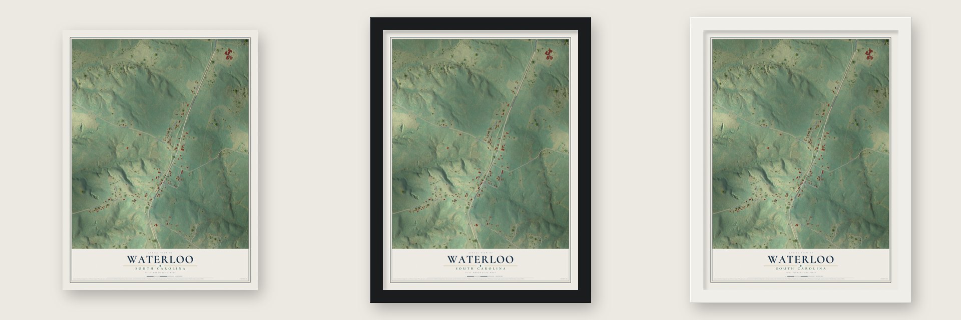 Waterloo, South Carolina map unframed, in a black wood frame and in a white wood frame
