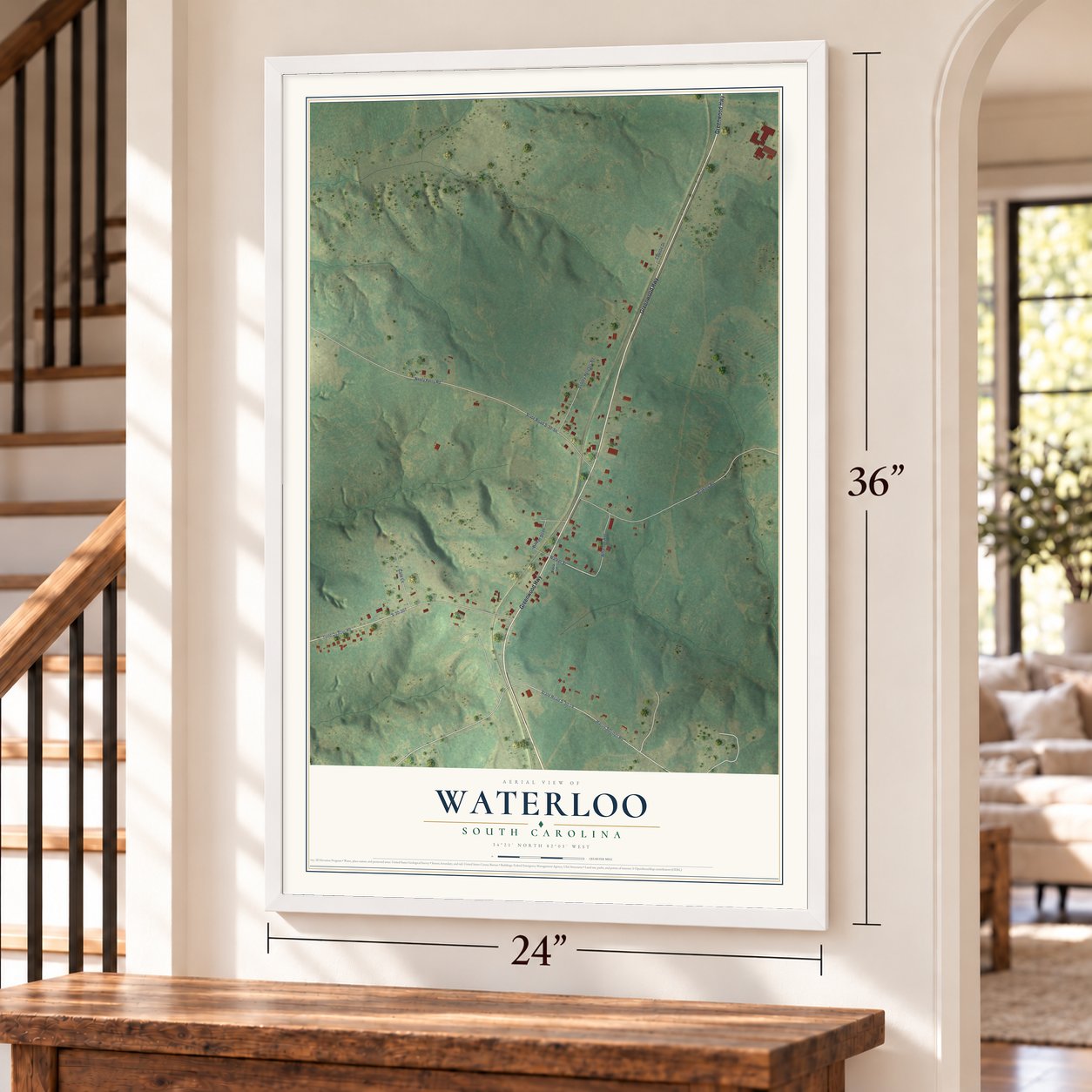Waterloo, South Carolina map, 24 x 36 inch print in a white frame by a staircase