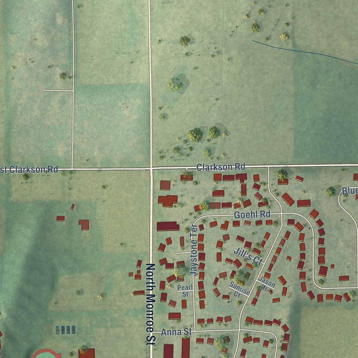Second close-up of the map of Waterloo, Wisconsin print showing more streets and buildings