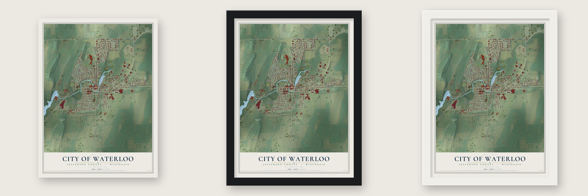 Waterloo, Wisconsin map unframed, in a black wood frame and in a white wood frame