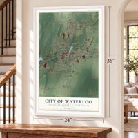 Waterloo, Wisconsin map, 24 x 36 inch print in a white frame by a staircase