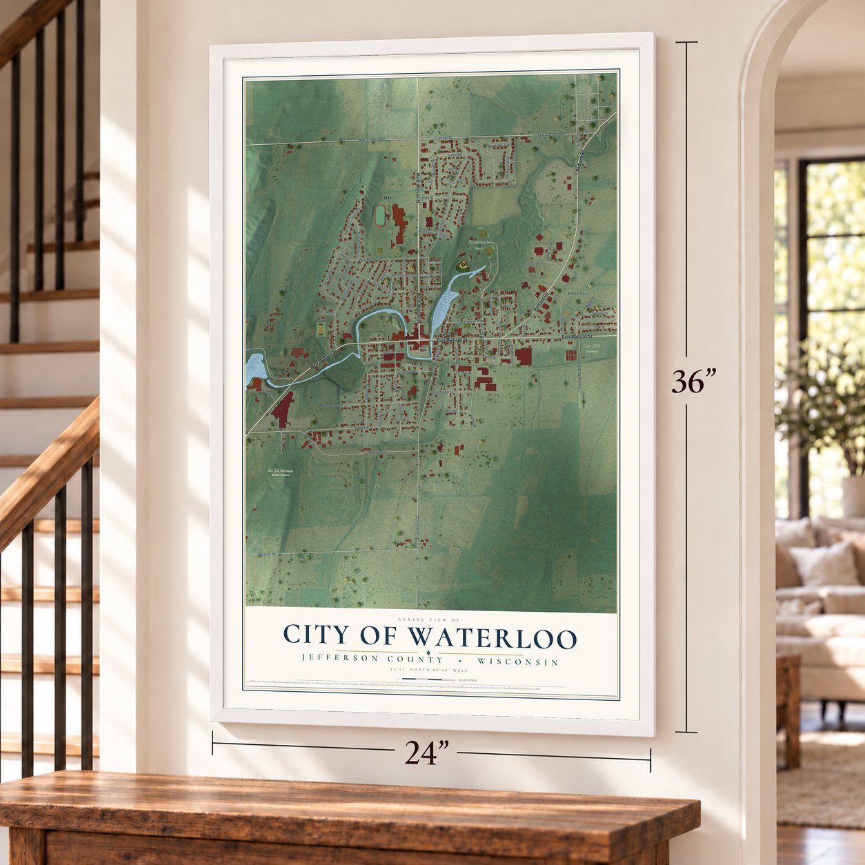 Waterloo, Wisconsin map, 24 x 36 inch print in a white frame by a staircase