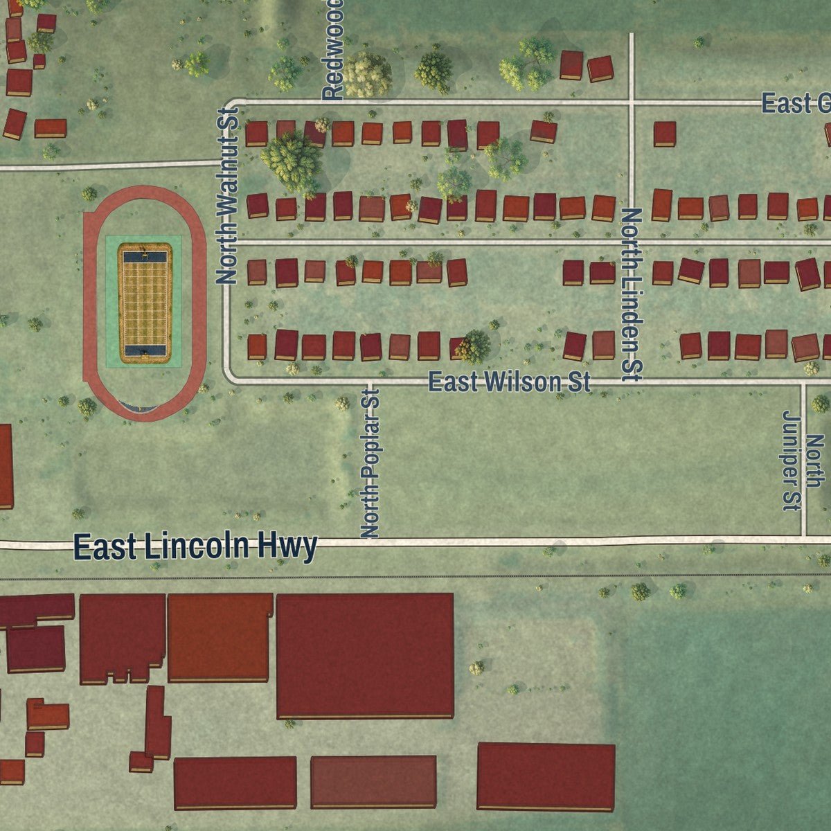 Second close-up of the map of Waterman, Illinois print showing more streets and buildings