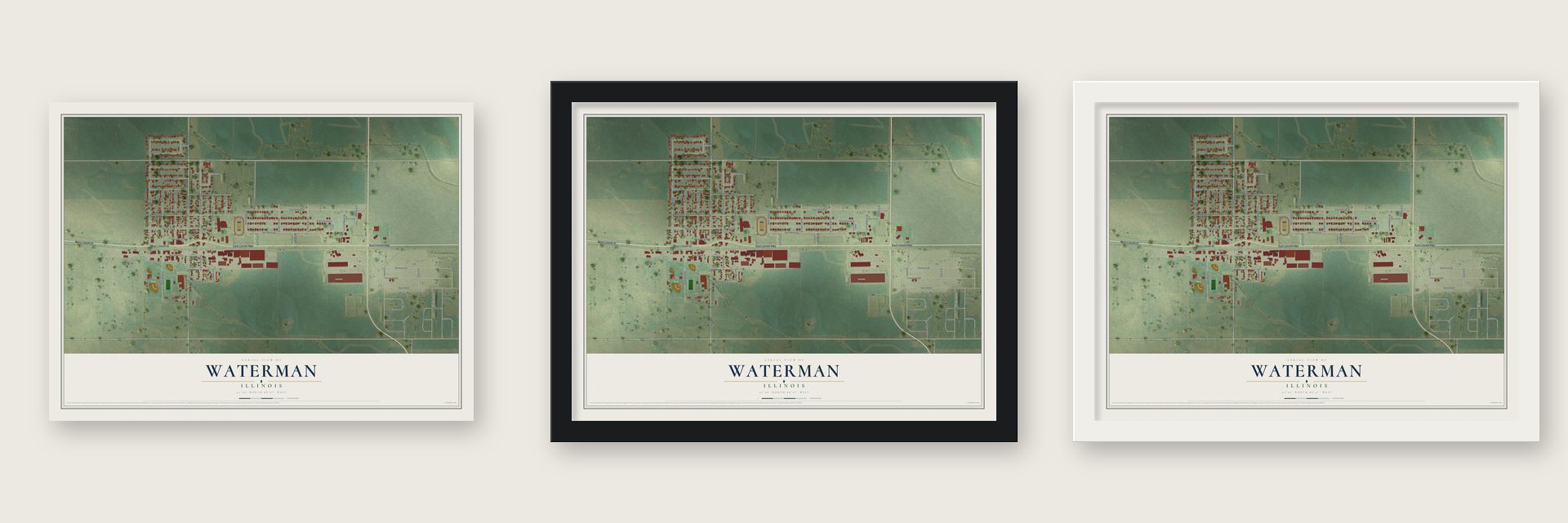 Waterman, Illinois map unframed, in a black wood frame and in a white wood frame