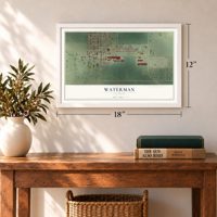 Waterman, Illinois map, 12 x 18 inch print in a white frame in an entryway