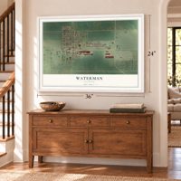 Waterman, Illinois map, 24 x 36 inch print in a white frame above a dresser by a staircase