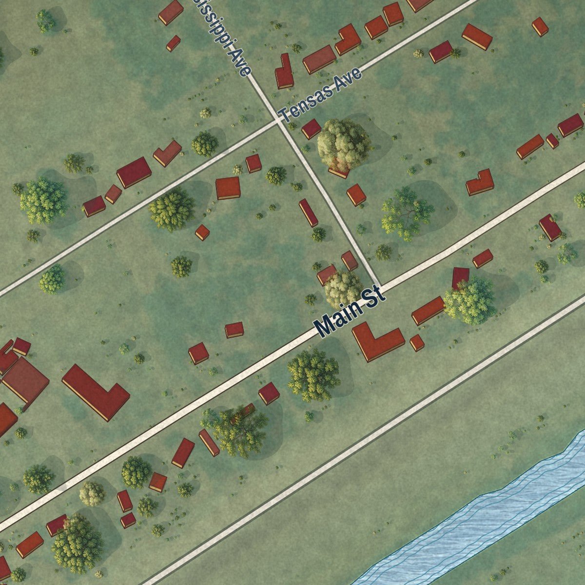 Second close-up of the map of Waterproof, Louisiana print showing more streets and buildings
