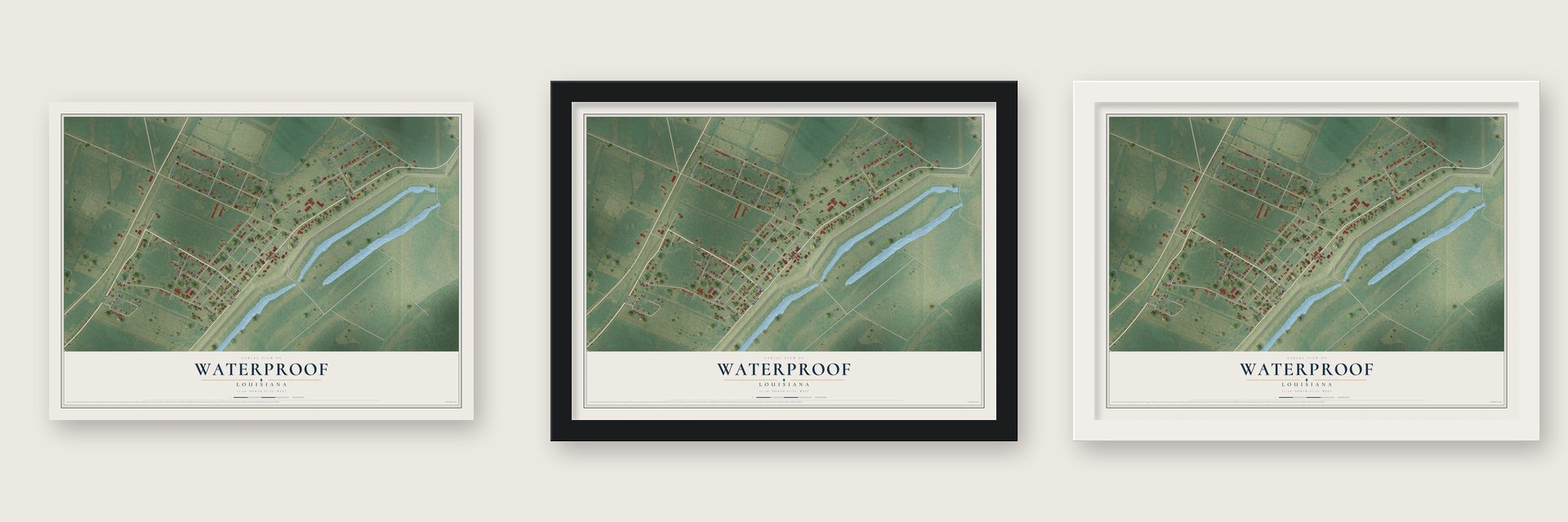 Waterproof, Louisiana map unframed, in a black wood frame and in a white wood frame
