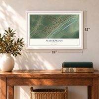 Waterproof, Louisiana map, 12 x 18 inch print in a white frame in an entryway