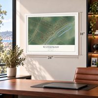 Waterproof, Louisiana map, 18 x 24 inch print in a white frame in a home office