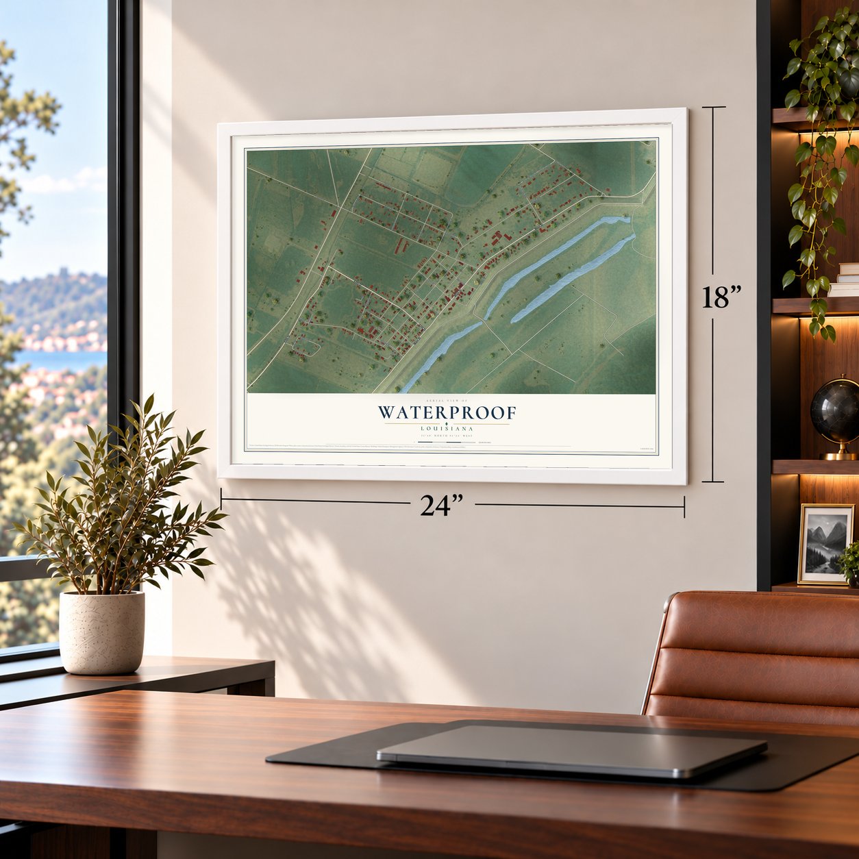 Waterproof, Louisiana map, 18 x 24 inch print in a white frame in a home office