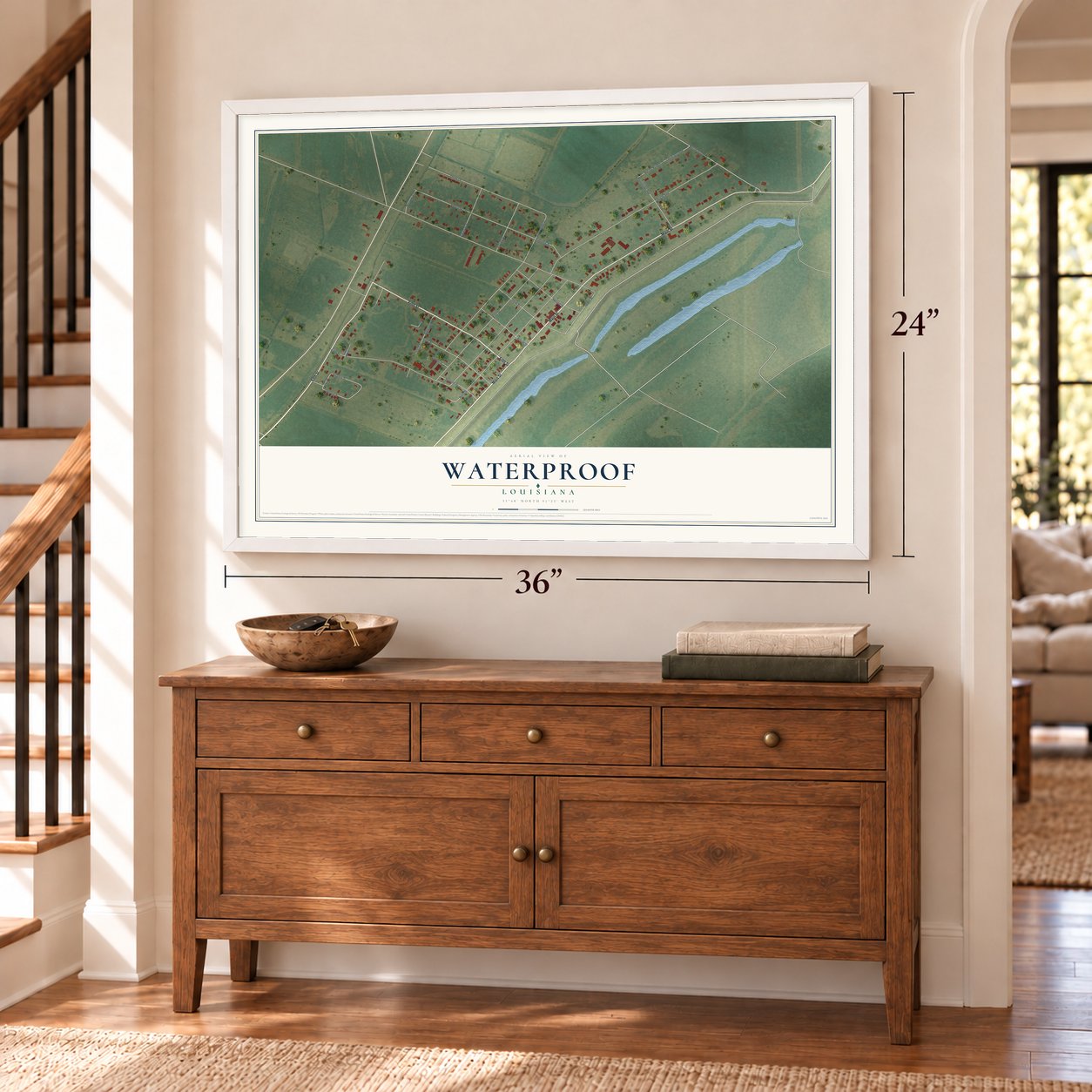 Waterproof, Louisiana map, 24 x 36 inch print in a white frame above a dresser by a staircase