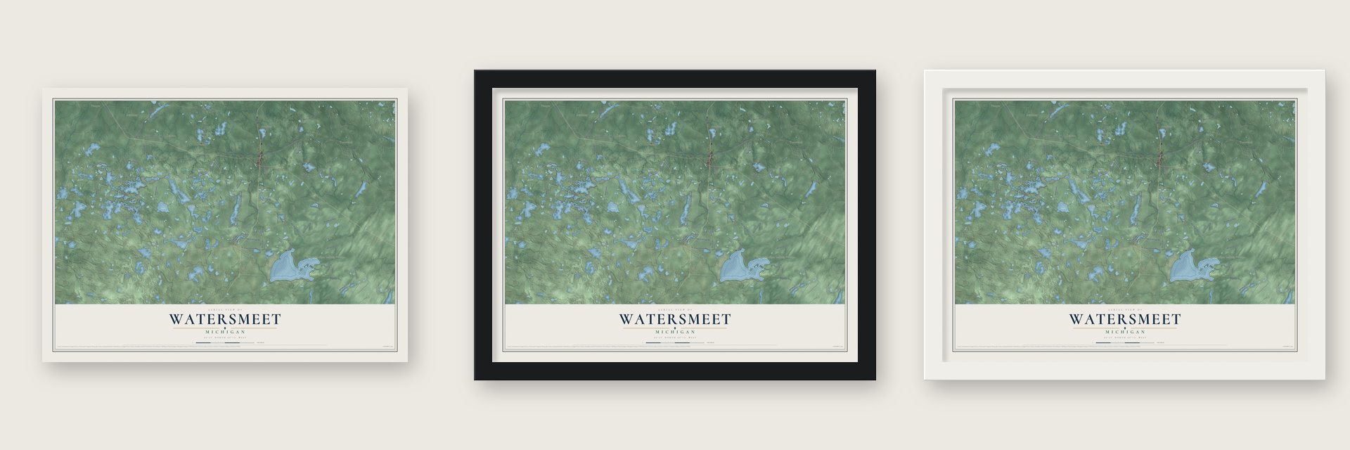 Watersmeet, Michigan map unframed, in a black wood frame and in a white wood frame