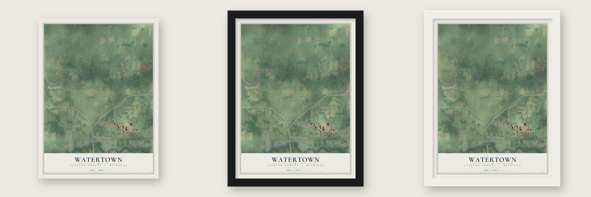 Watertown, Clinton County, Michigan map unframed, in a black wood frame and in a white wood frame