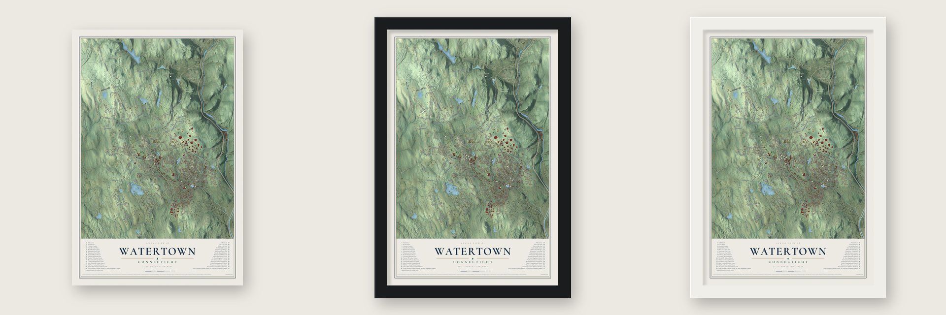 Watertown, Connecticut map unframed, in a black wood frame and in a white wood frame