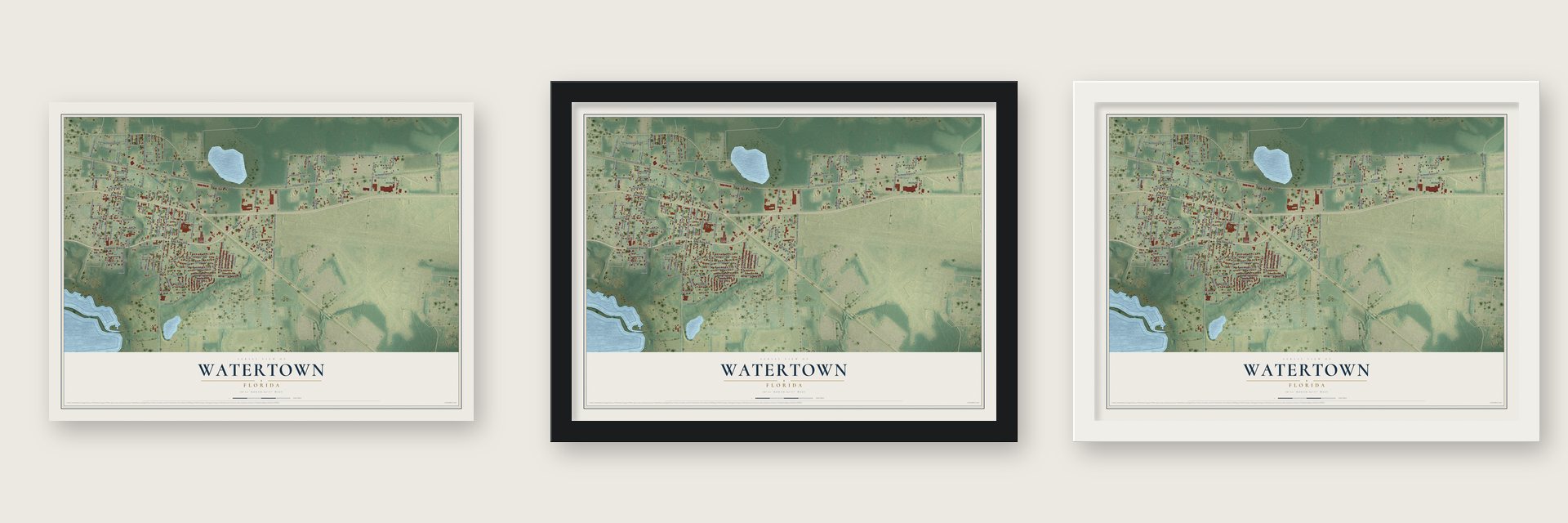 Watertown, Florida map unframed, in a black wood frame and in a white wood frame