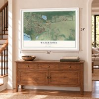 Watertown, Florida map, 24 x 36 inch print in a white frame above a dresser by a staircase