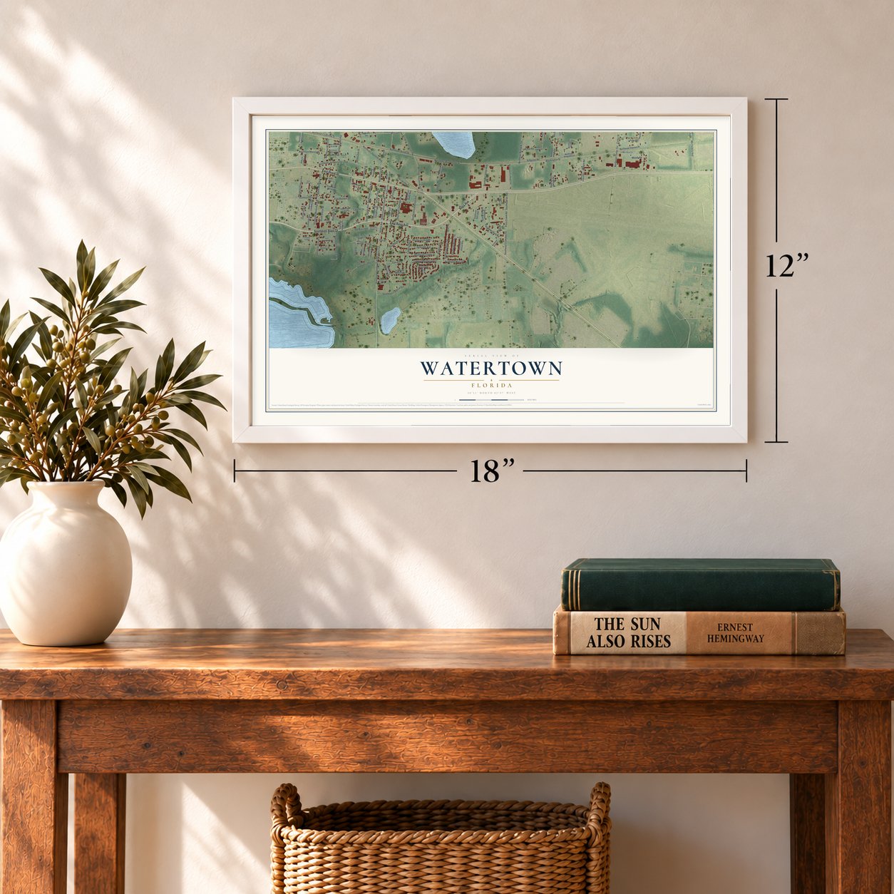 Watertown, Florida map, 12 x 18 inch print in a white frame in an entryway