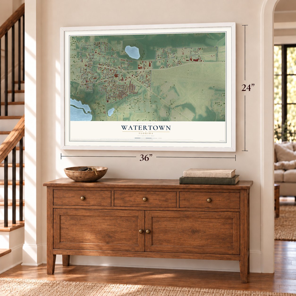 Watertown, Florida map, 24 x 36 inch print in a white frame above a dresser by a staircase