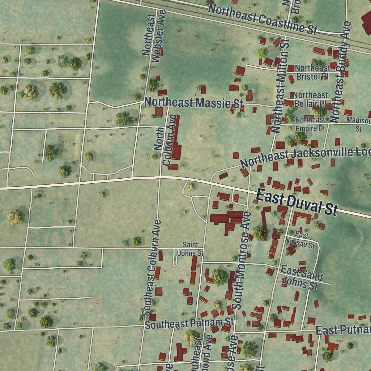 Second close-up of the map of Watertown, Florida print showing more streets and buildings