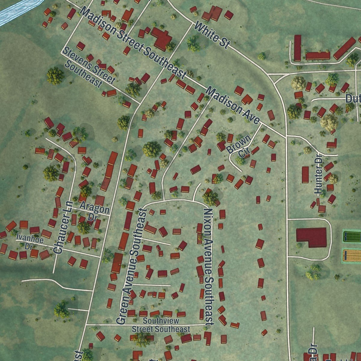 Second close-up of the map of Watertown, Minnesota print showing more streets and buildings